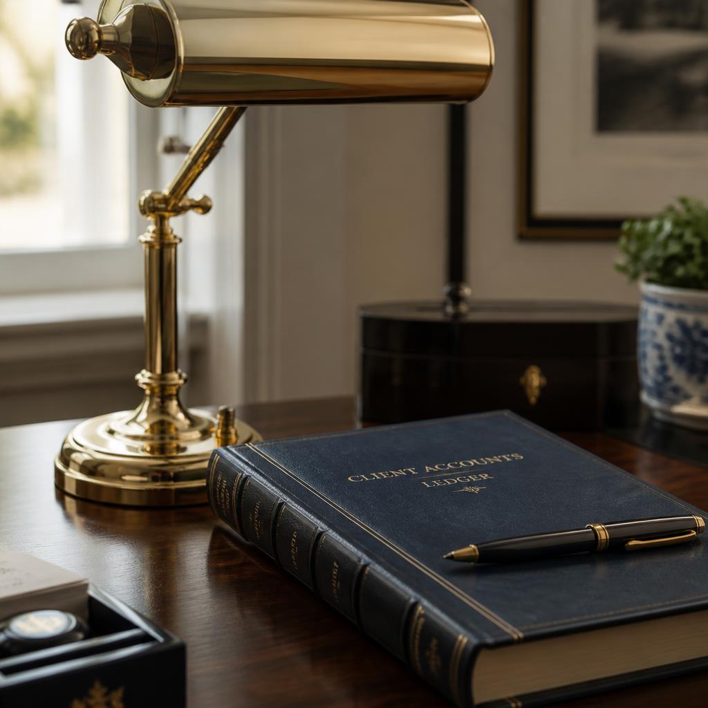 A polished brass desk lamp with a client accounts ledger and fine pen in a private advisory office